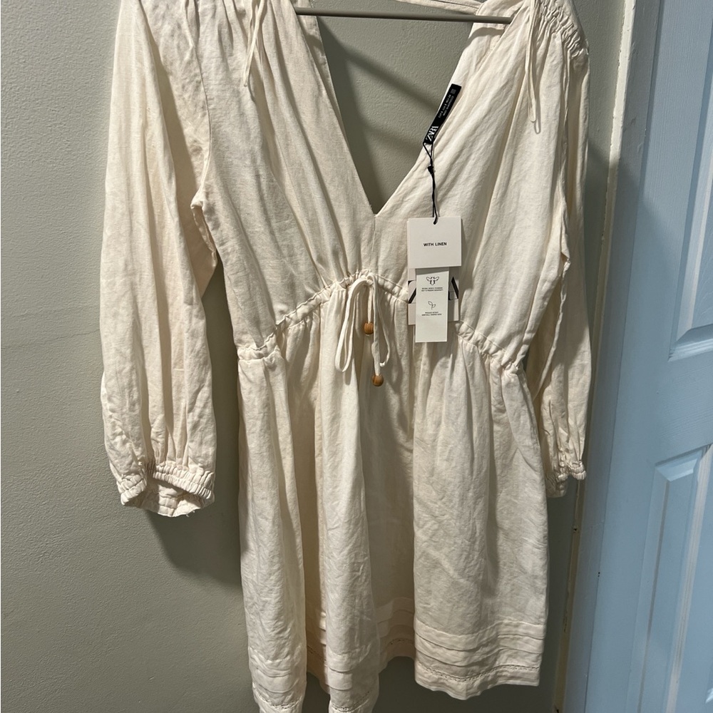 Zara Cream V-Neck Linen Dress
